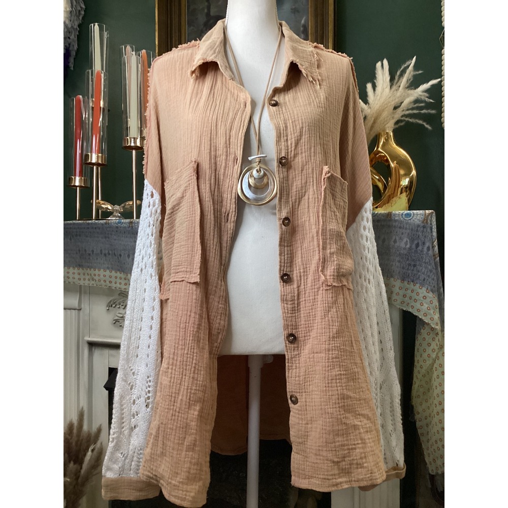 POL Womens Terracotta Gauze Crochet Lace Sleeve Button Down Oversized Shirt Lg